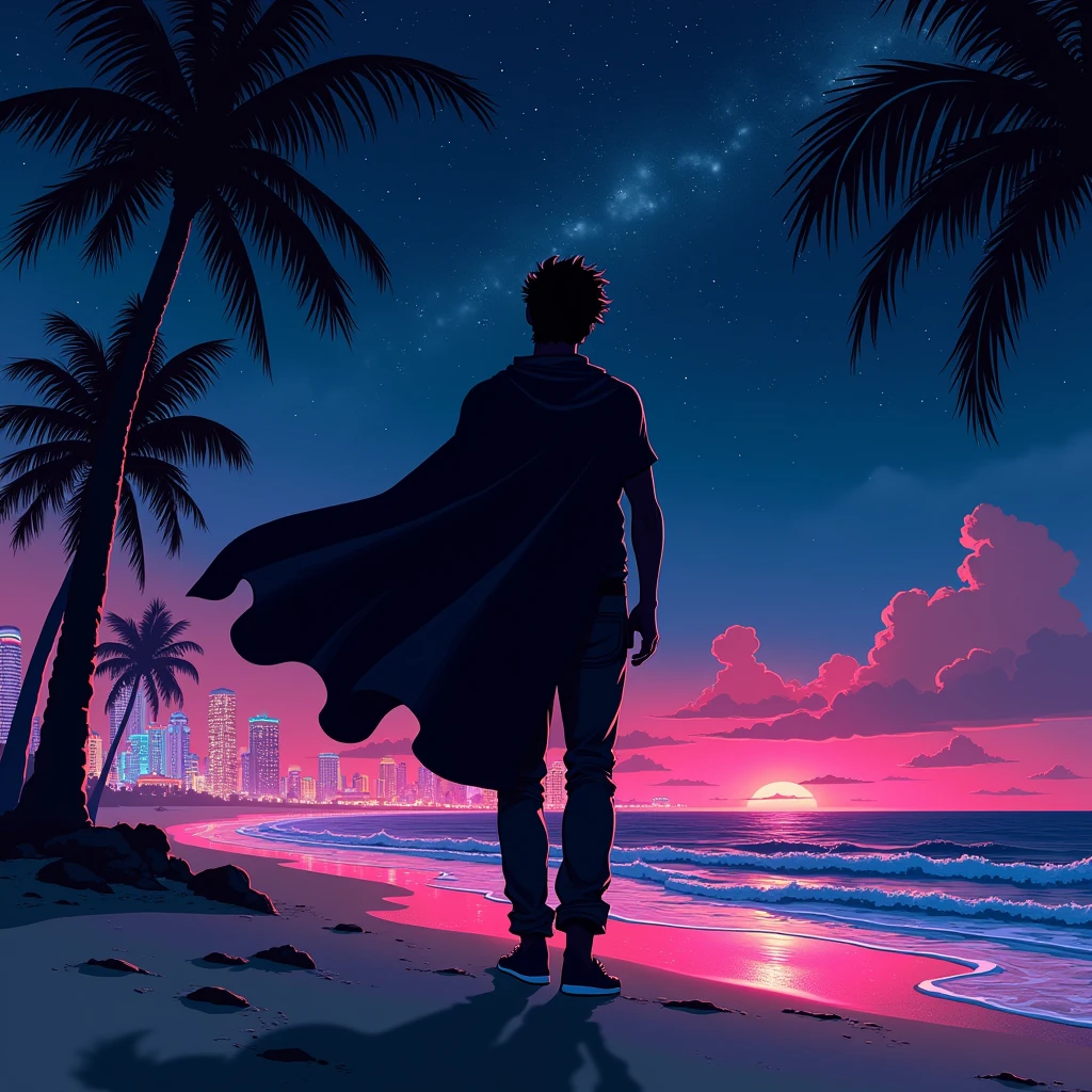Black shadow of Levi Ackerman on a cartoon style beach, in Vice City GTA, Black night sky