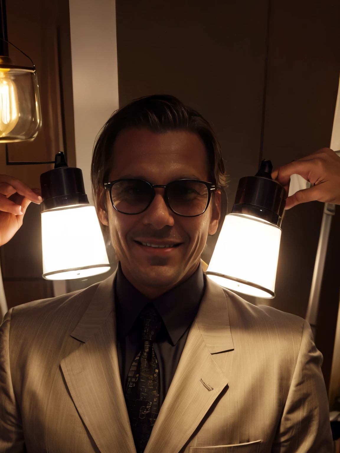 social maffia, modern urban chique bureau, friendly business photo of smiling lawyer (Man) with transparent black sunglasses, extrem light from lamp, dark room