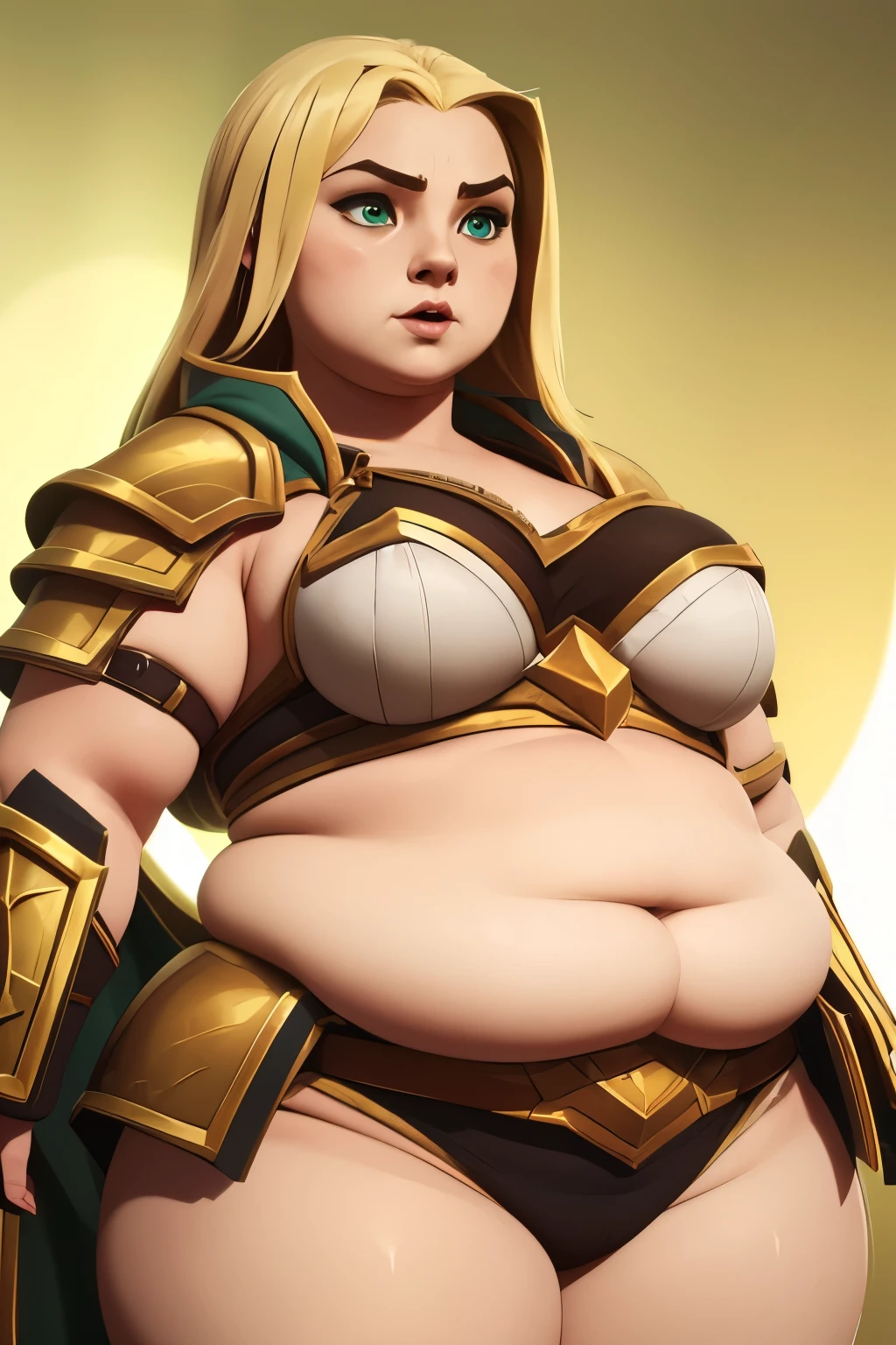 a fat woman, (chubby woman) corpulent body, ((small breasts)), long blonde hair, big green eyes, a character portrait in the style of League of Legends, outfit league of legends, warrior-style armor. 