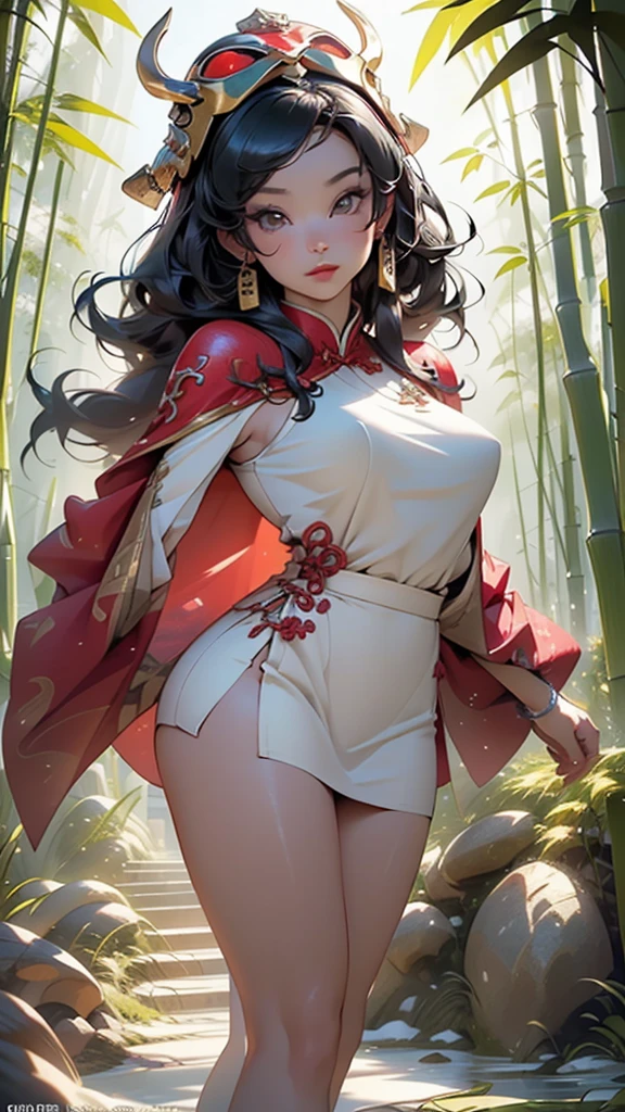 (((Mulan))),chinese girl from ancient china,1girl,

(large breasts:1.4),((((very long hair, black hair)))),(((black_eyes:1.3))),intricate eyes,beautiful detailed eyes,symmetrical eyes,((((lustrous skin:1.5,tanned skin,bright skin: 1.5,skin tanned,shiny skin,very shiny skin,shiny body,Reflective skin)))),(spider lower abdomen,narrow waist,wide hip,athletic body,inflated legs,thick thighs,(detailed face)),beautiful detailed lips,

cute,slutty,sensual,seductive look,seductive,((erotic)),opulent,sumptuous,((nsfw)),

(((AS-Adult))),(((Chinese girl))), a knight wearing a phoenix helmet and dark blue armor, (helmet), long eyelashes, sexy red lips,(top of the body wears dark color),(Blue armor made of fish scales and iron sheets), (The armor was also inlaid with golden stars), (Red skirt: 1.2), (The skirt part is floral embroidery:1.2), (The cape is decorated in black and gold),Kungfu,Chinese suit, Armor,

(flirtatious pose:1.3), looking at viewer,determined expression,centered,scale to fit dimensions,Rule of thirds,

outdoors,(waterfall,bamboo,river,snow bamboo forest,japanese temple,red lanterns burning,temple in the snow forest,mossy stairway in the temple,dilapidated temple,bamboo sanctuary,),scenery,extremely scenery,winter,scenery:1.25,((intricate scenery)),((snow bamboo forest background)),

(Glossy chinese ornaments),highres,sharp focus,(ultra detailed,extremely detailed),(photorealistic artwork:1.37),(extremely detailed CG unity 8k wallpaper),(((vibrant colors,vibrant theme))),(intricate),(masterpiece),(best quality),artistic photography,(photography taken by sldr),(intricate background),perfect rendered face,perfect face details,realistic face,photo realistic,((intricate detail)),(((realism))),
