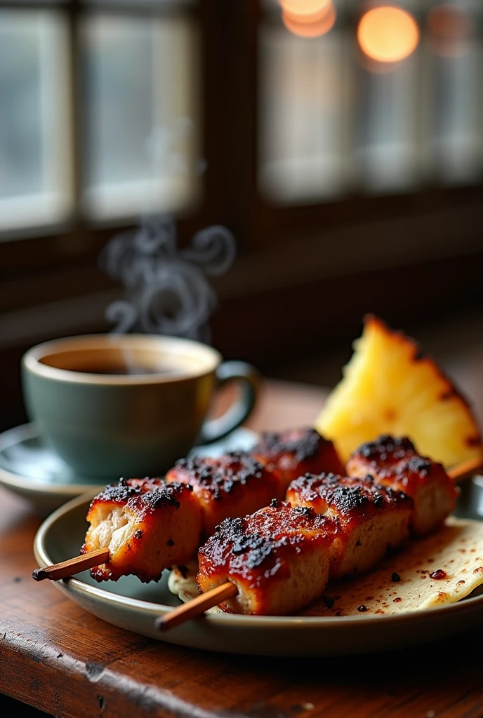 A cup of black coffee with a skewer with 4 pieces of pork, with a small 10-centimeter tortilla and a small 5-centimeter triangle of grilled pineapple
