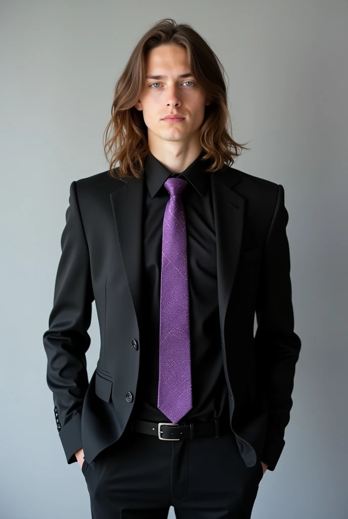 tall serious male teenager long brown hair with details wearing black suit and ultra-detailed purple tie on a light gray background best quality