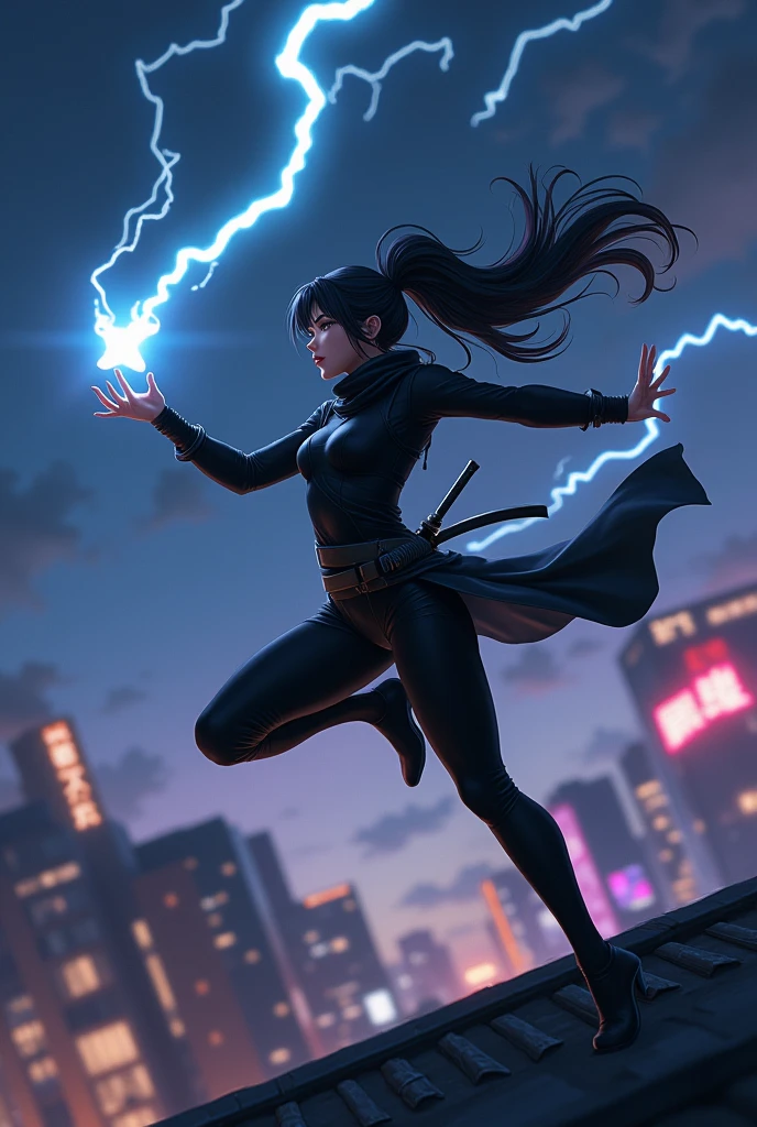((anime)) adult woman, ((black ninja costume)), throw shuriken, short ninja blade on the back, jumping on a roof, attached hair, big breasts, cleavage, casting lightning spell,