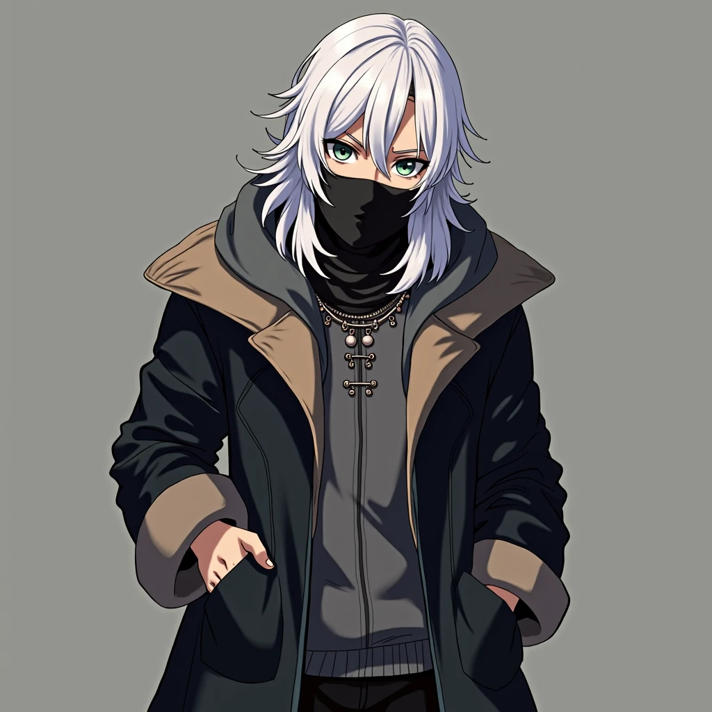 half body photo, serious face, Athletic, 31 year old Halfling, green colored eyes, medium long white hair, black scarf covering mouth, black coat with gray with brown hood , medieval clothing, black sweatpants, hand in pocket, Anime Village saga, 4K, epic, Village saga.