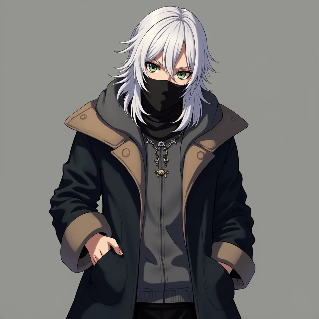 half body photo, serious face, Athletic, 31 year old Halfling, green colored eyes, medium long white hair, black scarf covering mouth, black coat with gray with brown hood , medieval clothing, black sweatpants, hand in pocket, Anime Village saga, 4K, epic, Village saga.