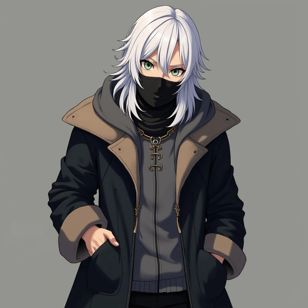 half body photo, serious face, Athletic, 31 year old Halfling, green colored eyes, medium long white hair, black scarf covering mouth, black coat with gray with brown hood , medieval clothing, black sweatpants, hand in pocket, Anime Village saga, 4K, epic, Village saga.