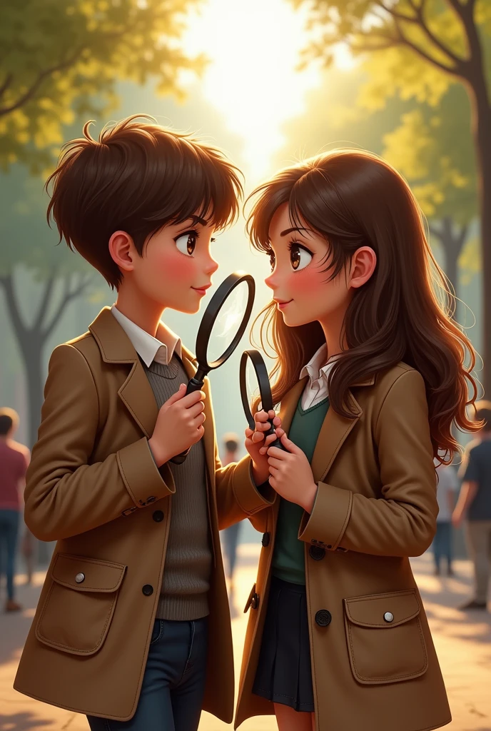 (photorealism:1.2), boy and girl, Brown hair, brown eyes, health detectives, both with brown coats and a magnifying glass in their hands,