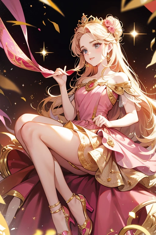 Felicity is in her standard size.
Felicity wears a gold outfit with red rose accents.
She wears a gold tiara and pink shoes. SPARKLE; GLITTER