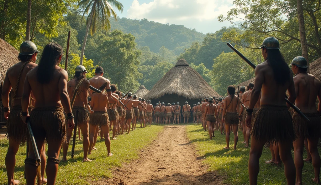 combat between 16th century European colonizers with rifles and armor against indigenous people wearing loincloths and carrying spears. The setting is a Brazilian indigenous village with native forest surrounding it.