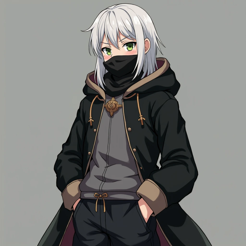 half body photo, serious face, Athletic, 31 year old Halfling, green colored eyes, medium long white hair, black scarf covering mouth, black coat with gray with brown hood , medieval clothing, black sweatpants, hand in pocket, Anime Village saga, 4K, epic, Village saga.
