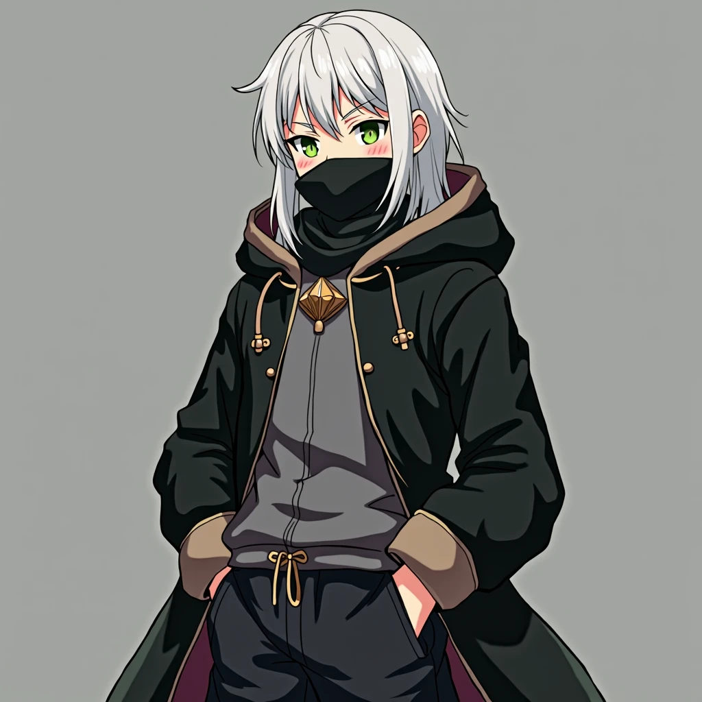 half body photo, serious face, Athletic, 31 year old Halfling, green colored eyes, medium long white hair, black scarf covering mouth, black coat with gray with brown hood , medieval clothing, black sweatpants, hand in pocket, Anime Village saga, 4K, epic, Village saga.