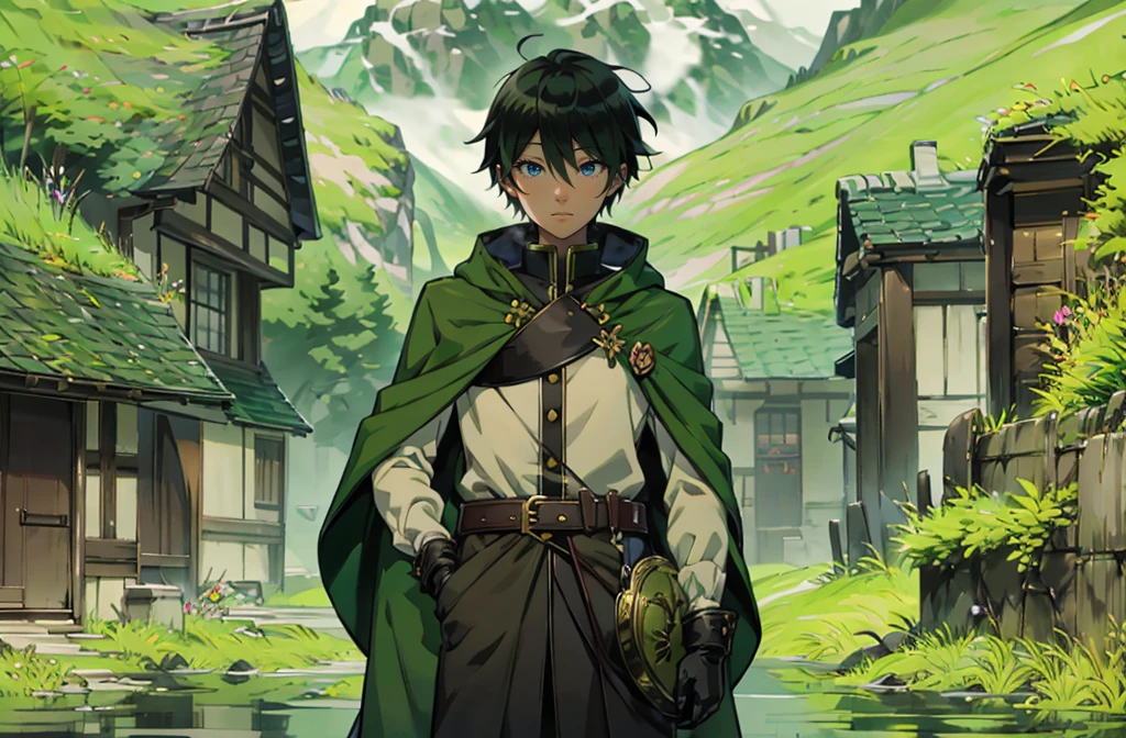 yuichiro hyakuya, (WithoutFear:1), 1 boy, black hair, green eyes, brown coat, gray armor, green shield, green cloak, dark brown gloves, town, white fur trim, tall, anime, standing, good quality, portrait, looking at viewer