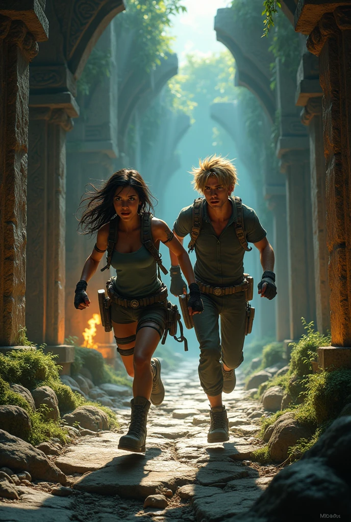 Lara and Max escape from the temple while avoiding dangerous traps