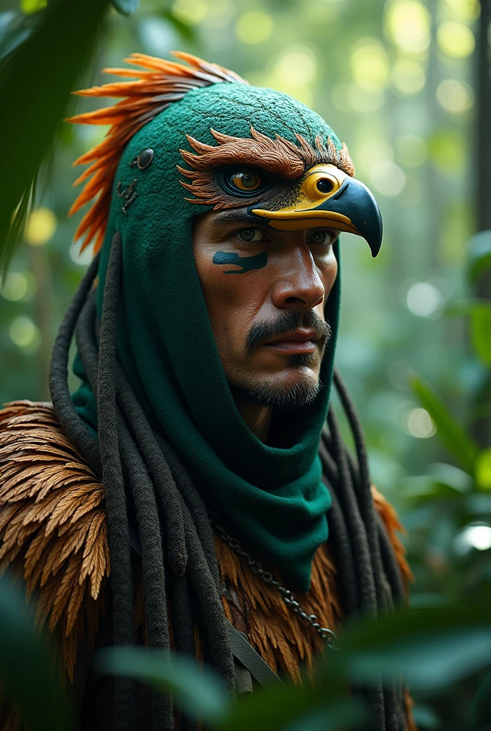 A jungle hunter mask with an eagle design, with a scar on his eye