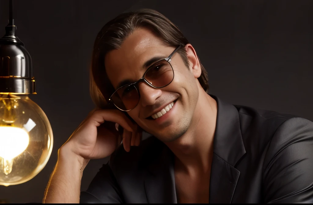 social maffia, modern urban chique bureau, business photo of smiling lawyer (Man) with transparent black sunglasses, extrem light from lamp, dark room