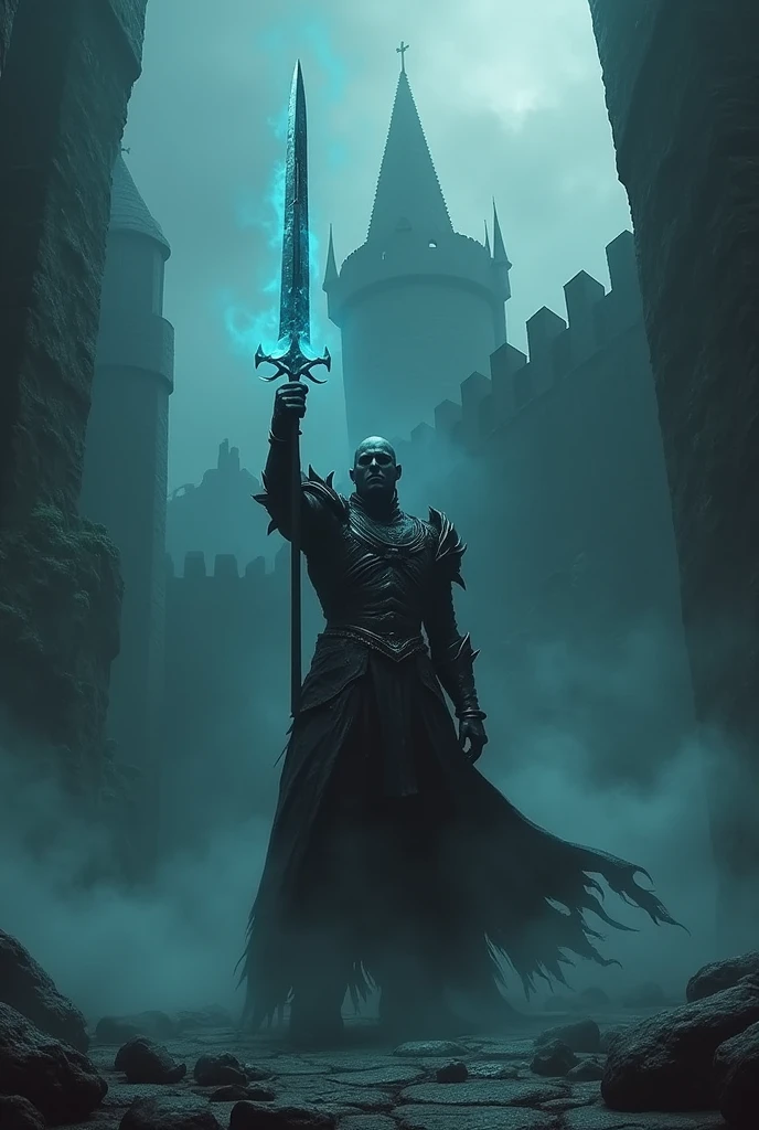 Create an image of a warrior in Dark Souls 2 and in the background the Drangleic castle. Make him face forward. Make a faint cyan blue aura come out of your sword. Make him a black man.