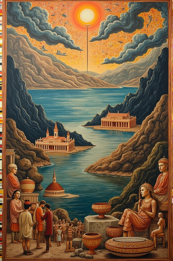 Create a collage titled Origins of Greek Culture and below it there are images of the Minoan Civilization., Dark Age, Mycenaean Civilization