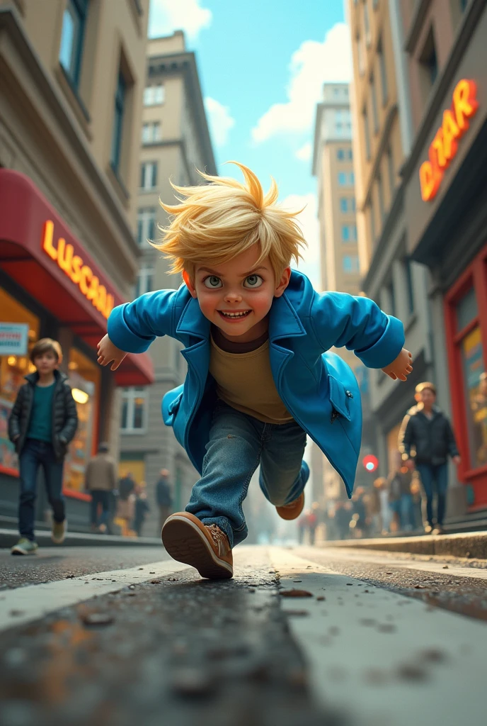 A naughty boy named Lucas, With a malicious expression, creating confusion in the city. He is using his super speed powers to cause chaos, with elements of disorder around it, such as falling objects and danger signs. The scene should convey a sense of mischief and destruction. The illustration should be realistic and not realistic. The boy should have a blue coat and blond hair.