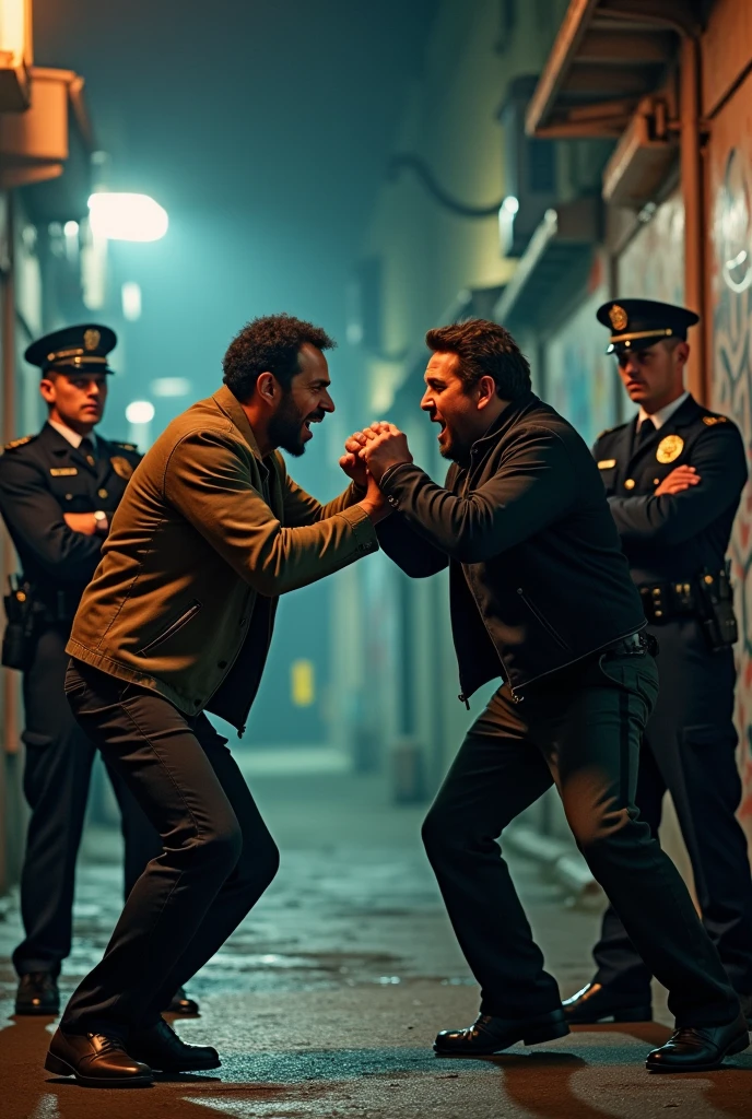 A very nervous man and his rival two fighting each other, A punch from both of them., two policemen looking at them stared