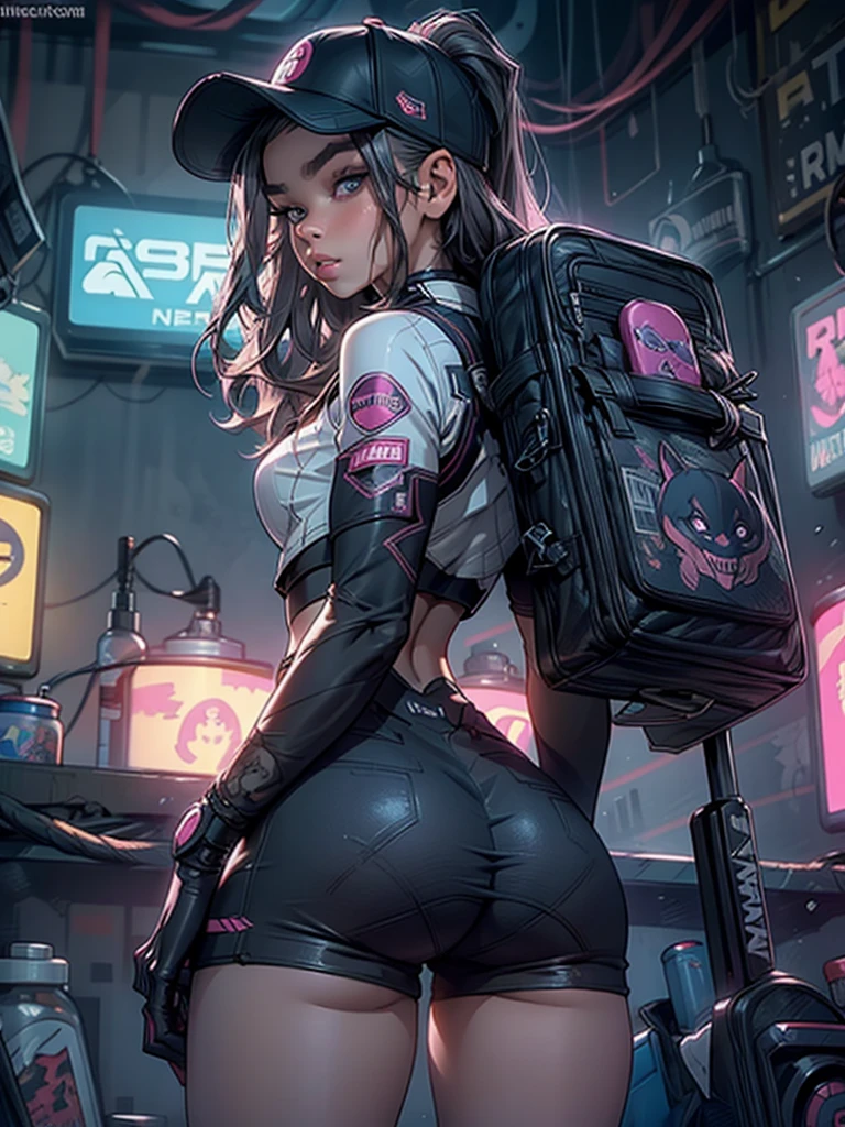 tmasterpiece，best qualtiy，8k wallpaper，The is very detailed，illustratio，（perfect bodies：1.1）, 1个Small Breast Girl, Hailee Steinfeld, cute face, dual horsetail，wearing hat，beautiful detailed eyes, beautiful detailed lips, slim body, cute bum, Cyberpunk-inspired short outfits, Baseball bat, Turn Back