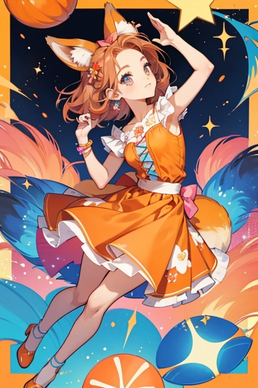  Felicity is an orange fox with brown hair and fox ears.
She wears an orange top and has a blue skirt with a flower design.
 She comes with a pink hair bow and blue shoes. SPARKLE; GLITTER