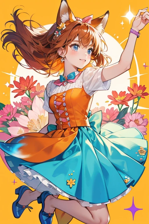 Felicity is an orange fox with brown hair and fox ears.
She wears an orange top and has a blue skirt with a flower design.
She comes with a pink hair bow and blue shoes. SPARKLE; GLITTER