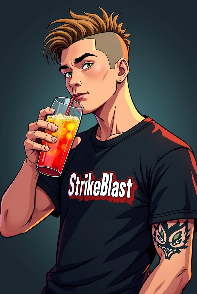 Create an image for stream anal with minimum dimensions of 128x128px and maximum of 3000x3000px that is cartoon style and has the word StrikeBlast written on it., with a dark but striking background but with a cartoonish white man (Without beard) , with black shirt, Light brown hair, slightly curly and shaved on the sides, with only a tattoo of a Tengu mask on his arm, while having a soft drink