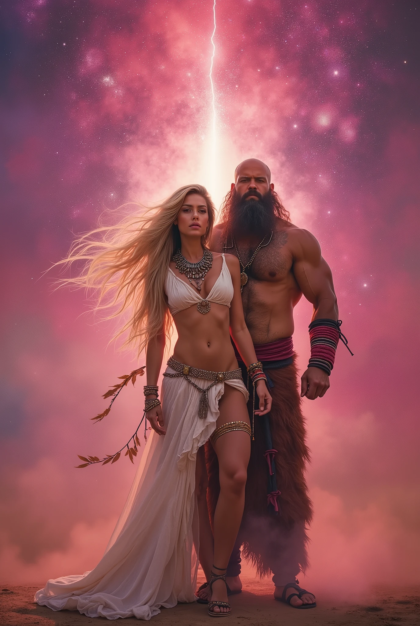Male shaman and a female yogini, sacred rebels. He is muscular, broad, bald, bearded. She is blond, long haired, voluptuous, hourglass body, toned with abs, a lot of hippie style ethnic jewelry, scantily clad in tones of pink and white. Psychedelic picture of a very attractive couple, sparks flying, polarity, spiritual.