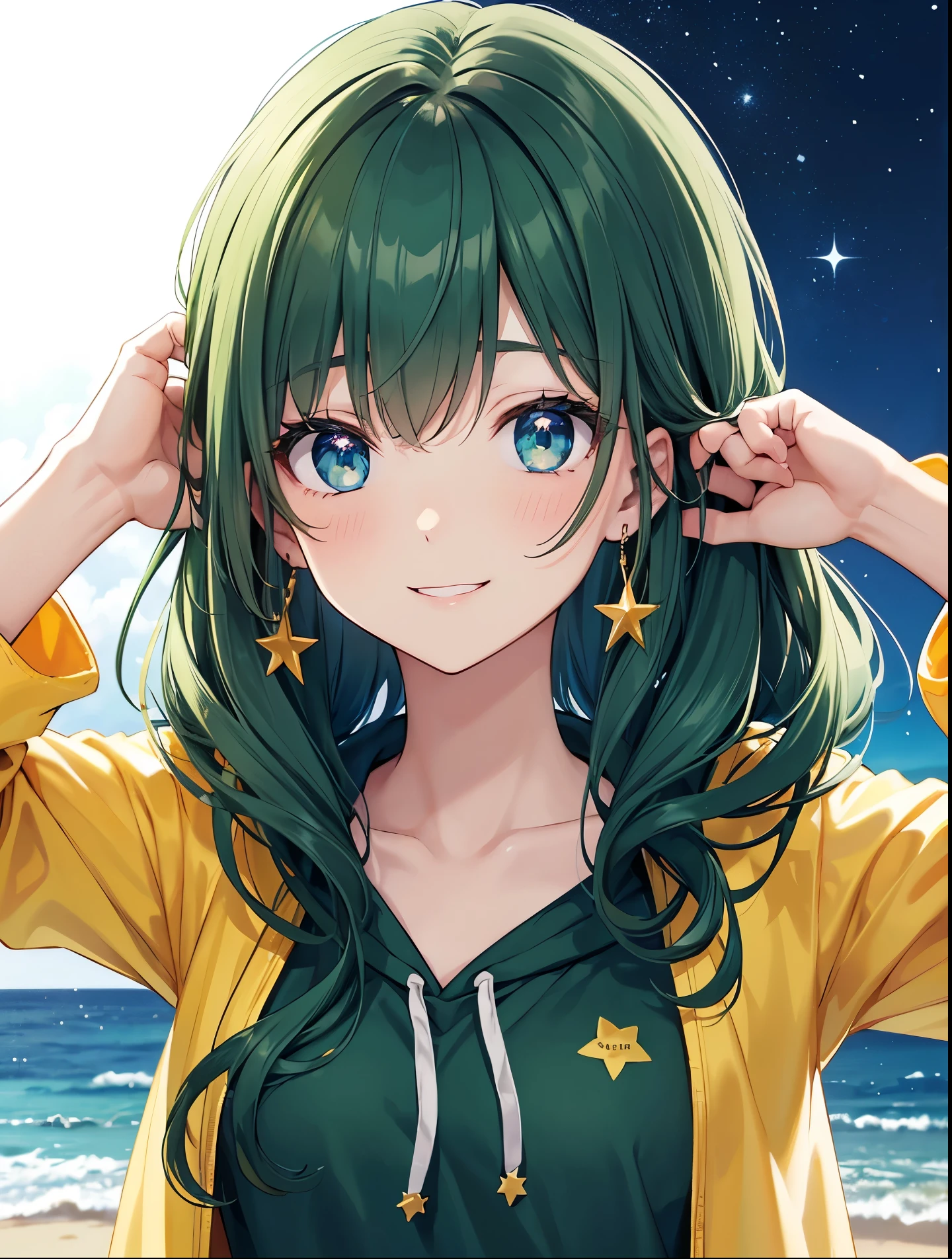 (hands on head) (par on hands) ((voluminous dark green hair)), dark dark green hair color emphasis, front view, upper body visible, dark dark dark green hair color emphasis, long straight hair, large (droopy) eyes, blue eyes, kind young pretty face, kind droopy eyes, wearing vermilion hoodie, star pattern on hoodie, sign in background, go and 5 sign, shy, smiling without opening mouth, big golden star earrings, golden hair clip, sparkling eyes, walking on beach, face focused, fresh smile, green floral hoodie, (in dark room), high quality, golden number 5 Earrings, droopy eyes, blue eyes, face close-up small breasts, hands, background without shadow, high quality, Focus on face.