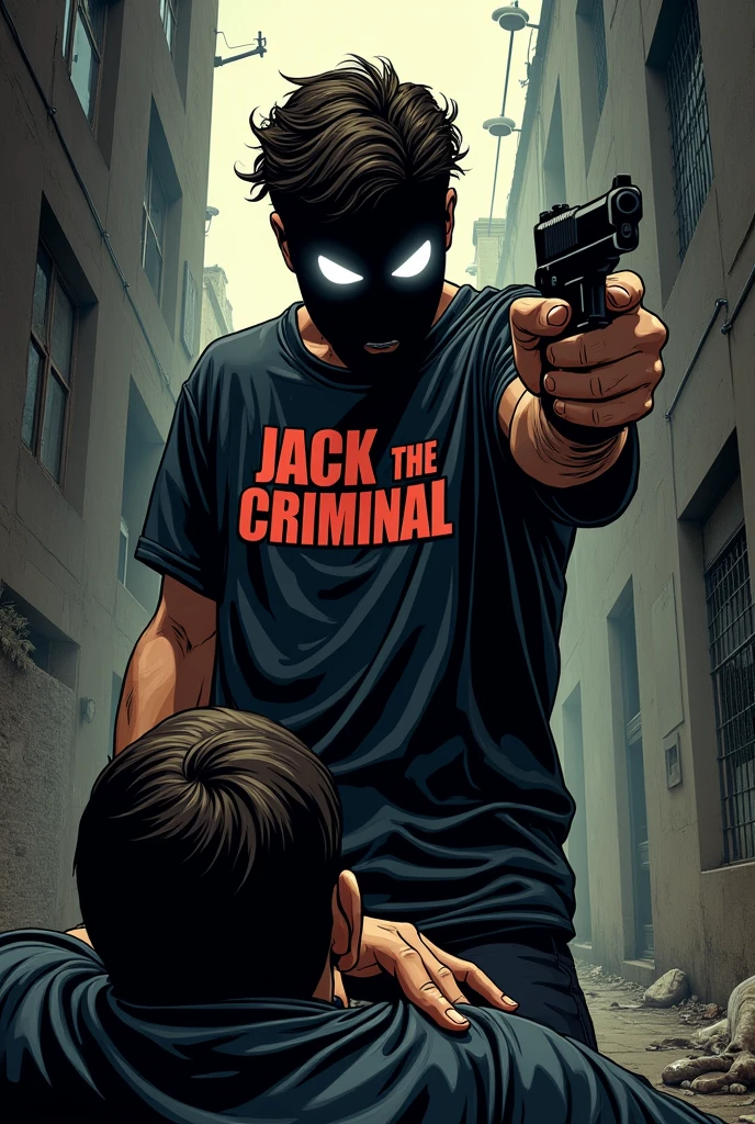 A young man with a mask and white eyes with a gun shooting his opponent on the ground and his shirt says..m Jack The Criminal