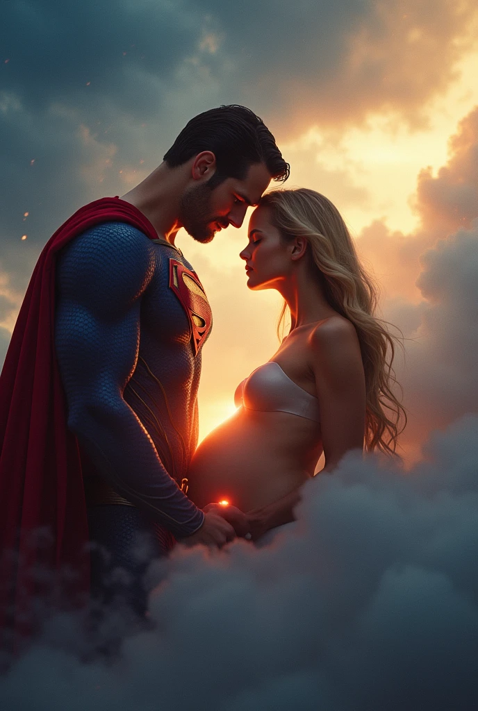 Super girl is giving birth to superman’s baby, intimate, bare belly, super-man is holding her, the baby is crowning, 