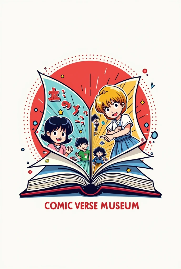 Create a corporate image (Logo simple) about a museum of Japanese comics and manga that calls itself: "Comic Verse Museum", with a book (comic or manga) in the middle, and a range of bright colors and pastel colors