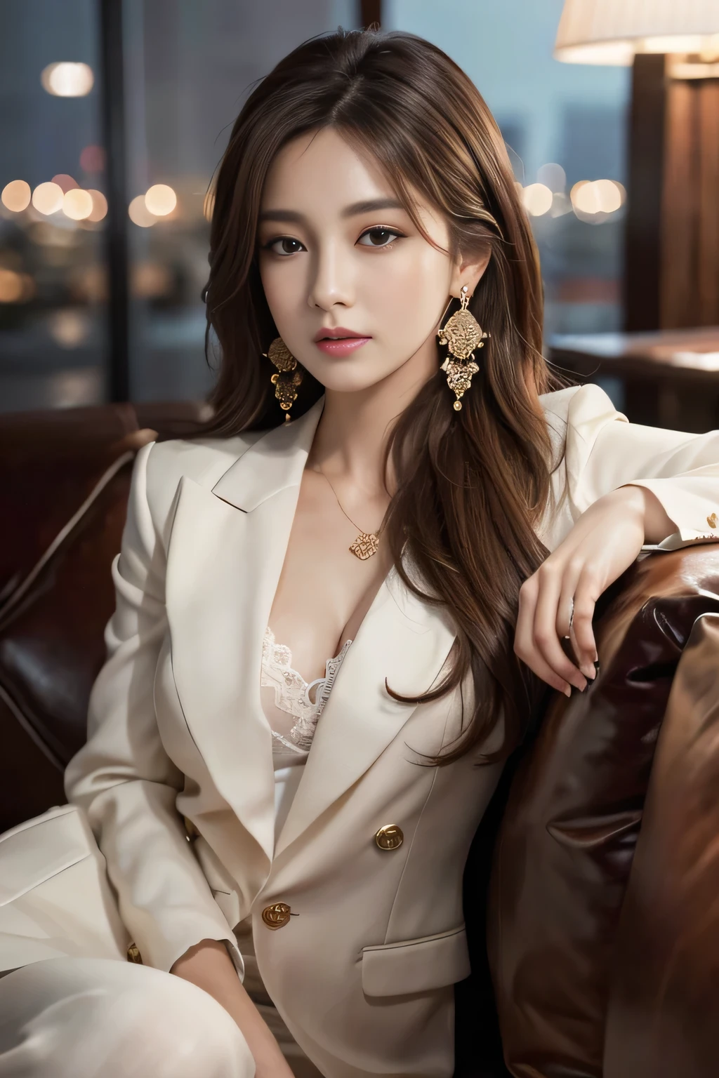 masterpiece, Highest quality, Realistic, Very detailed, Finer details, High resolution, 8k wallpaper, One beautiful woman, Wear a nice suit, In a great restaurant, At night, Light brown messy hair, Perfect dynamic composition, Beautiful and beautiful eyes、Big earrings、Sit on the sofa