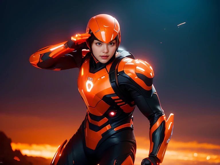 Photograph the whole body、(RAW Photos, Highest quality), (Realistic, Realistic:1.3), 1 person、Realisticbody、Orange combat costume、Meteor warrior flying from space、octopusエイリアンと戦う、octopus、Shield Reflecting Laser、smile、
