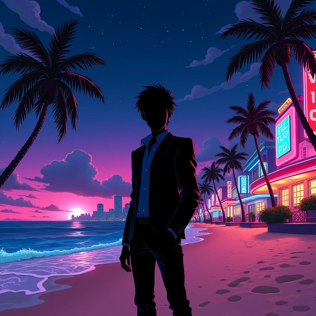 Black shadow of Levi Ackerman without a cape on a cartoon style beach, in Vice City GTA, Black night sky
