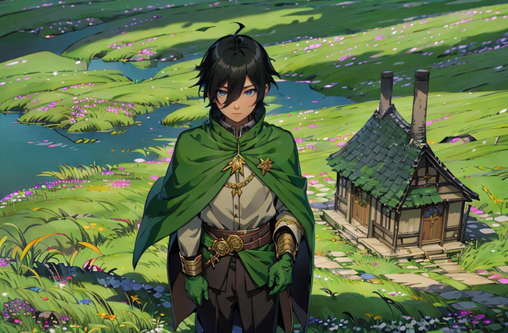 yuichiro hyakuya, (WithoutFear:1), 1 boy, black hair, green eyes, brown coat, gray armor, green shield, green cloak, dark brown gloves, town, white fur trim, tall, anime, standing, good quality, portrait, looking at viewer