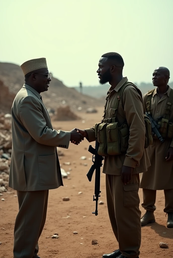President Bola Ahmed Tinibu shaking hand with terrorist Bello Turji holding AK-47 rifle
