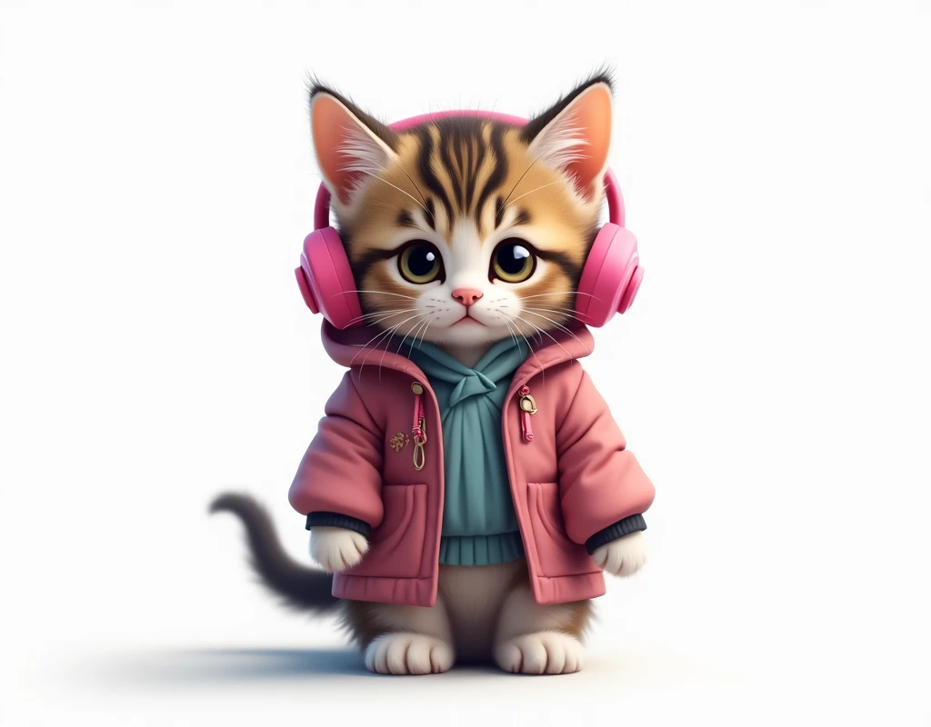 Perfect centering, Cute kitten, Wear a school jacket,Wear pink headphones, Standing position, Abstract Beauty, Centered, Looking into the camera, To the camera, Near perfect, dynamic, moonlight, Very detailed, Digital Painting, artステーション, コンセプトart, Smooth, Sharp focus, 8k, High resolution, shape, art:Khan Griffith and Vadim Kashin, White Background