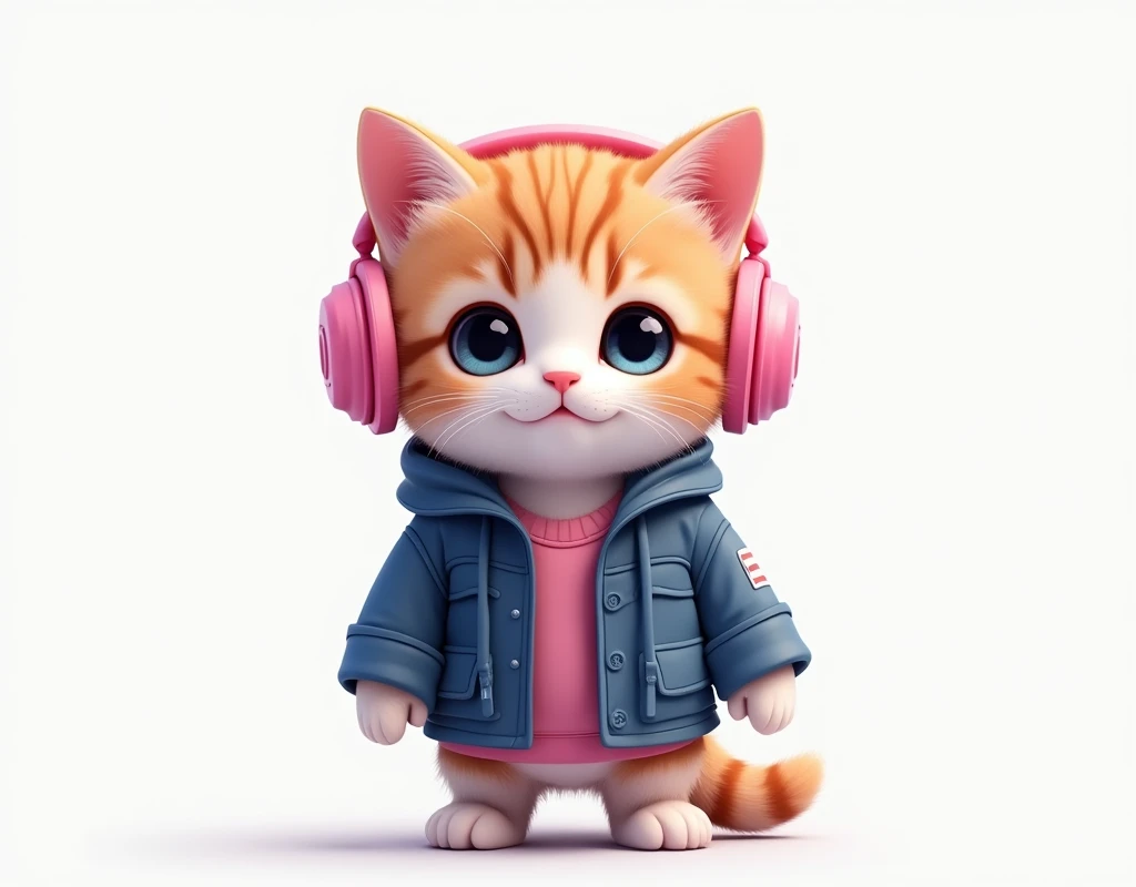 Perfect centering, Cute kitten, Wear a school jacket,Wear pink headphones, Standing position, Abstract Beauty, Centered, Looking into the camera, To the camera, Near perfect, dynamic, moonlight, Very detailed, Digital Painting, artステーション, コンセプトart, Smooth, Sharp focus, 8k, High resolution, shape, art：Khan Griffith and Vadim Kashin, White Background