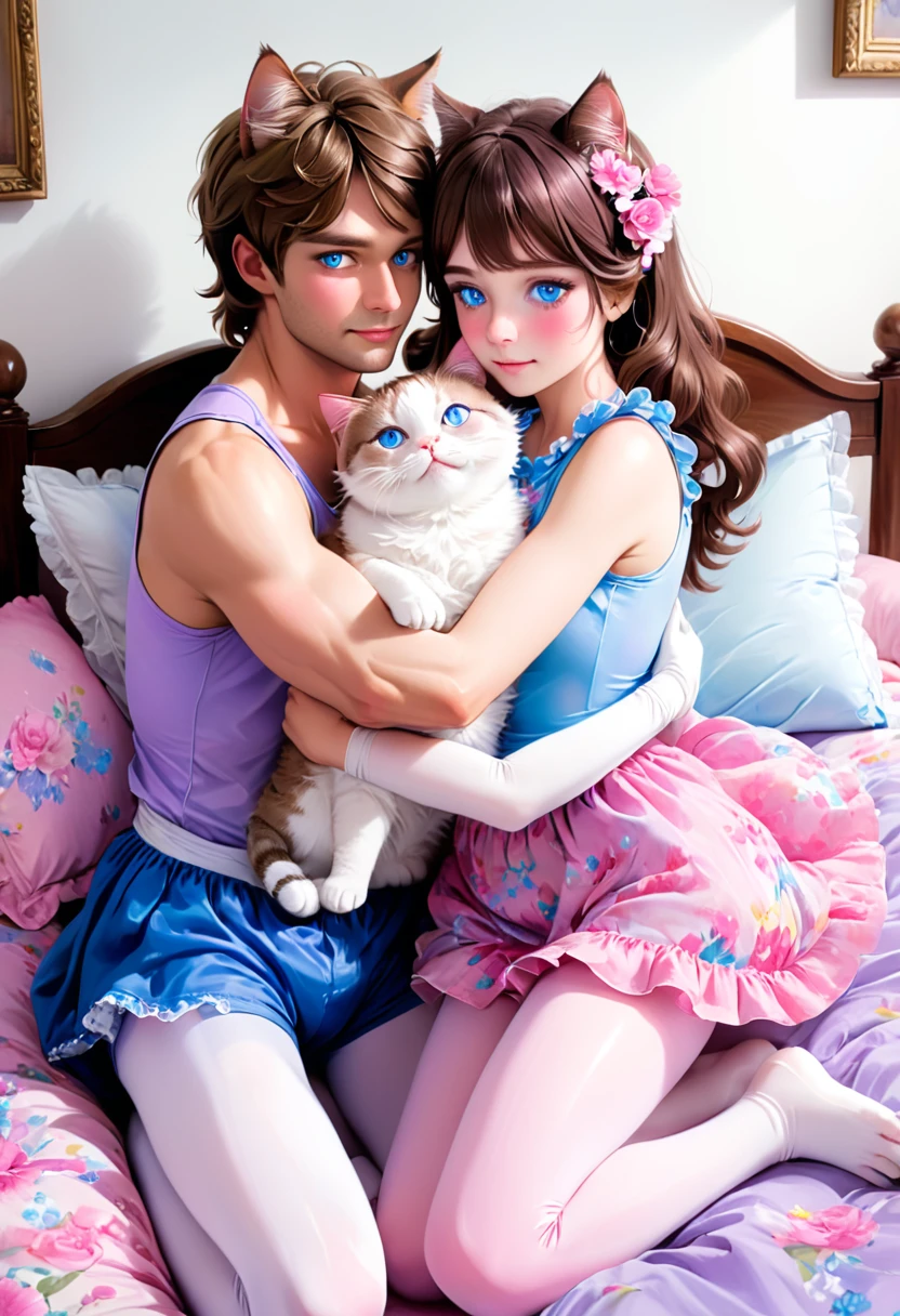 (1 man, 1 woman) (fflixbom, white and pink cat facepaint) (hetero, couple) (brown hair, blue eyes) (crossdressing, fully clothed) (portrait) (women's clothes only) (women's beautifully feminine frilly skintight matte floral print girly lavender adorable ballet leotards) (white tights) (tiaras, no shoes, white long gloves) (woman's bedroom, four-poster bed) (lying down, hugging, bending knee) (intimacy, playfulness, closeness)