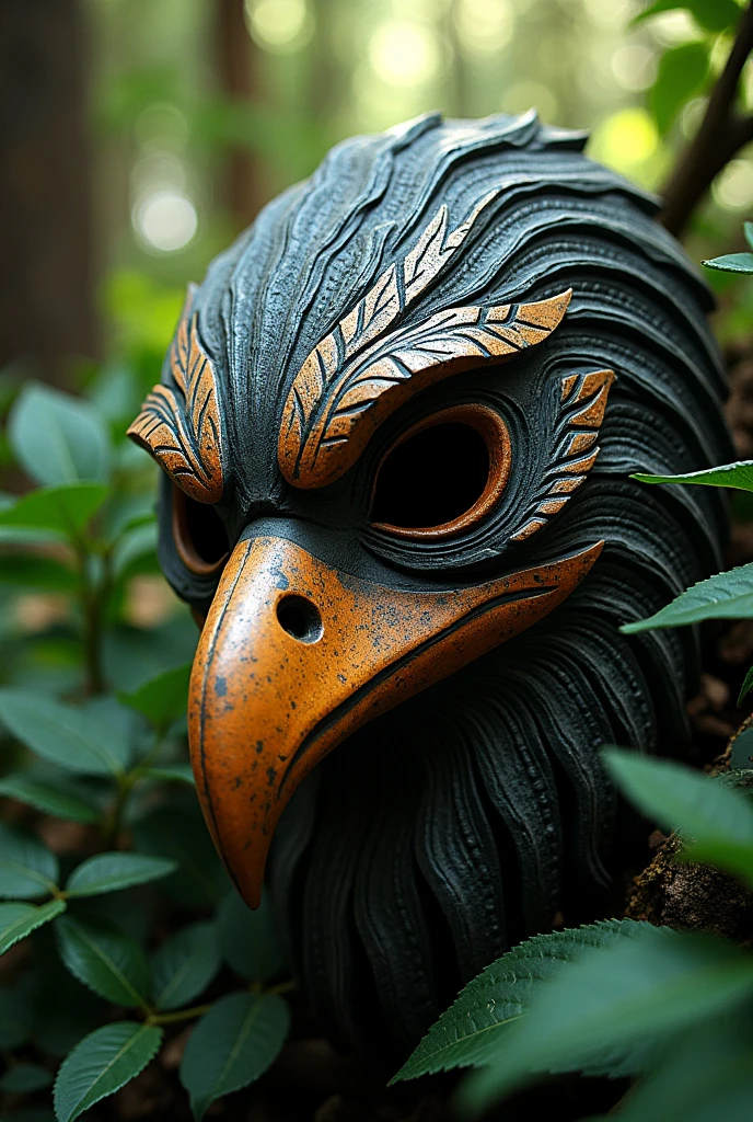 A model mask with a jungle hunter design with an eagle design, with a scar on his eye