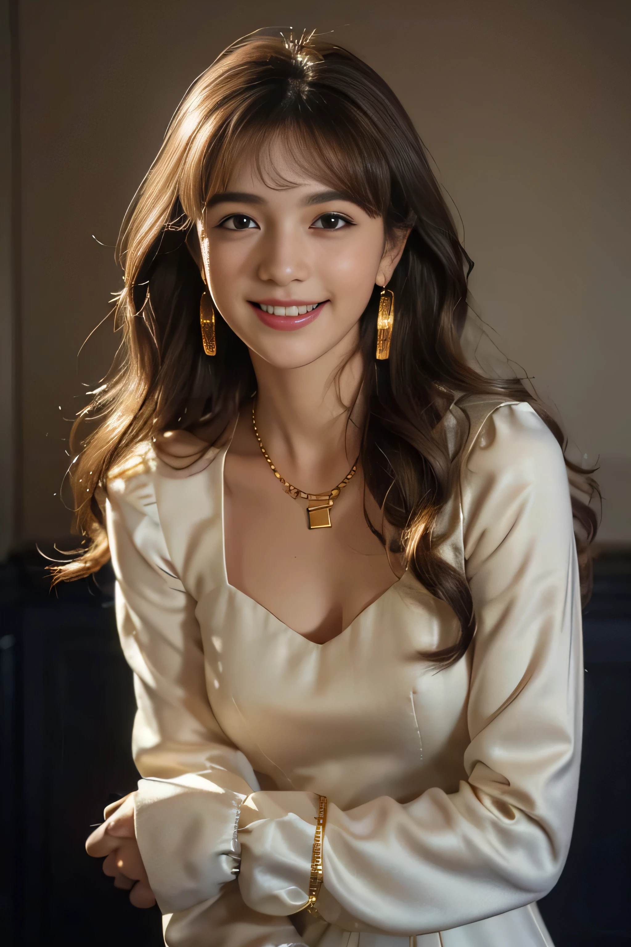((Beautiful girl:1.3)) Highest quality,masterpiece,Ultra-high resolution,(Realistic:1.4),RAW Photos,(Real skin texture:1.3),(Film Grain:1.3),Panorama,Portraits,Very wide shot,Tight waist,Cowboy Shot,(In the Dark, Deep Shadow, Modest, Cold Light,) night,(()),Tears flow,,Dust,Tyndall effect,(Performance),One person,Beautiful and detailed eyes and face,White Jabot,Brown eyes,((Brown Hair:1.2)) ((whole body:1.3)) ((smile:1.3))((Super long brown hair:1.2)),((Hair with loose waves inside:1.2)),((gold necklace_Large earrings:1.2)),((shy smile:1.3)),((mideum breasts:1.3)),((wearing navy mini dress_bottan up mini dress_long sleeves_with white collar_with white cuffs:1.3)),((full body portrait:1.4))