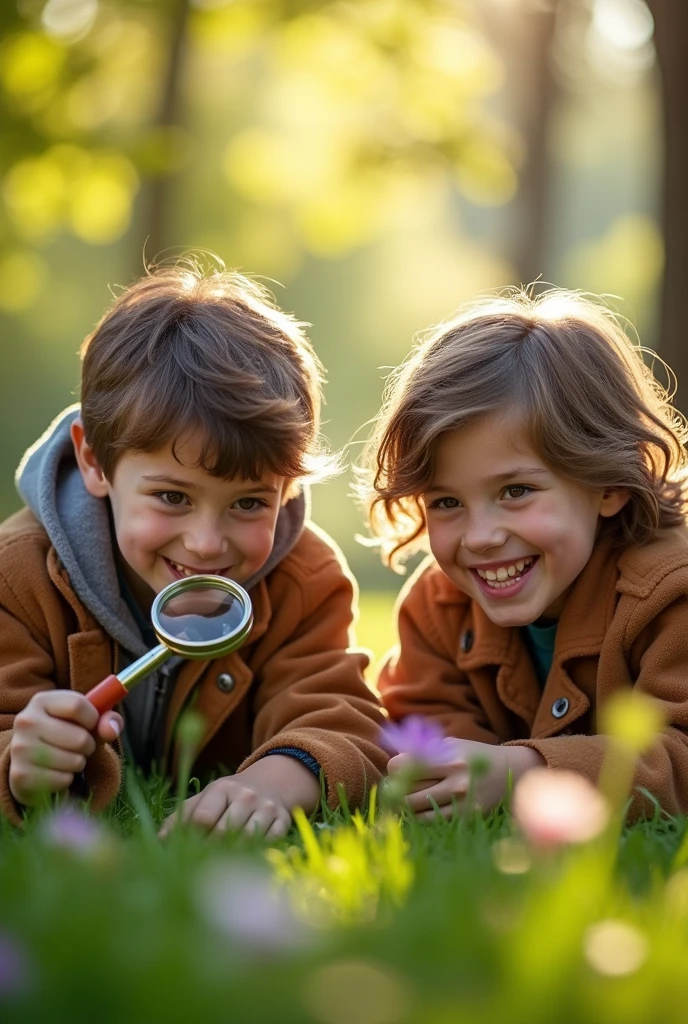 (photorealism:1.2), boy and girl, both , Brown hair, brown eyes, health detectives, both with brown jacket, each with a magnifying glass in hand, looking for clues to decipher secrets