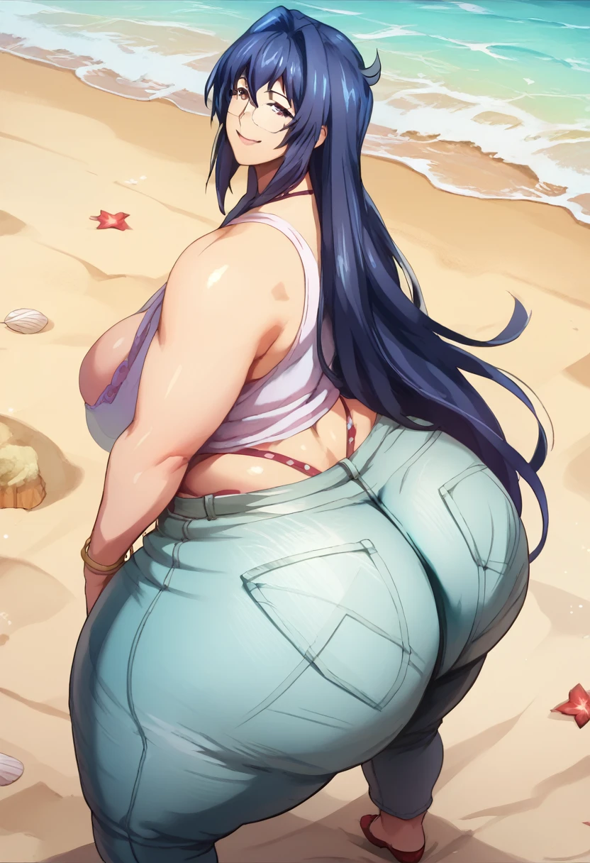 Score9, Score_8_up, Score_7_up, mature woman,mature woman,aki nijou,long hair,1 girl, alone, (giant ass: 1.3), (thick thighs: 1.2), huge thighs, (wide hips: 1.2), cleft in the skin, smile, happy, (sleeveless top, pants short: 1,2), thighs and blunt, plump((beach in front of the sea shore))