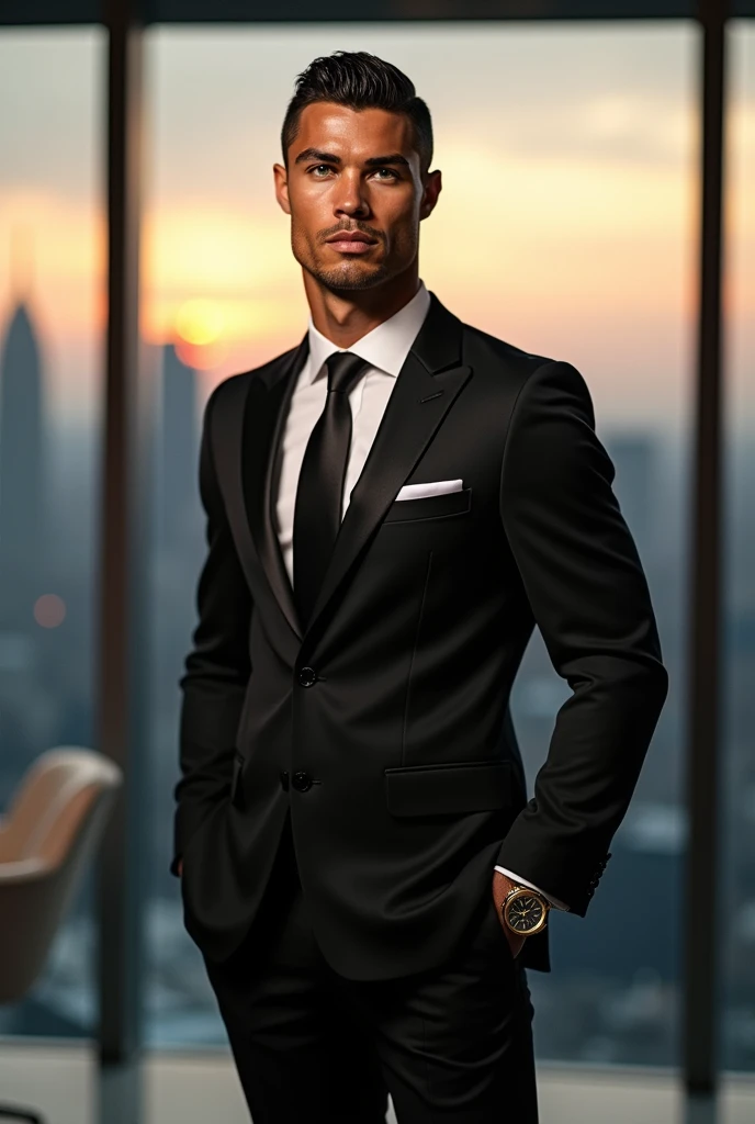 cristiano ronaldo in suit with black hair combed back and green eyes