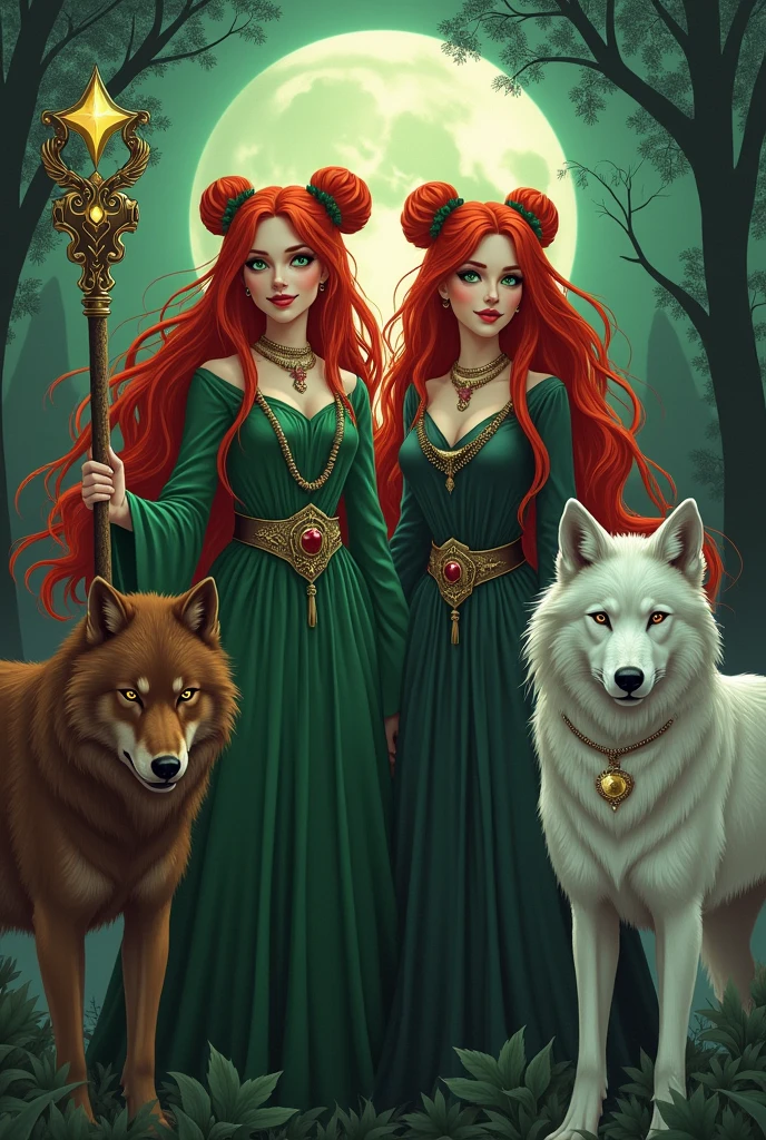 Cover for a fantasy book featuring two sorceress sisters with long red hair and green eyes, one of them carries a staff with an emerald on the tip and has her hair tied in two buns; and the other door a bow and arrow studded with rubies. Two Wolves, one with brown fur and black eyes and the other with white fur and red eyes. In the background of the image, the red eyes of a vampire in the shadows