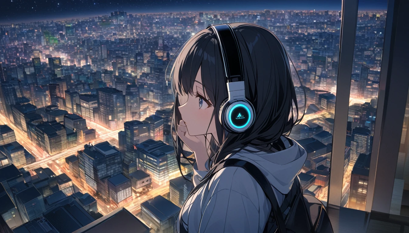 A black-haired woman looking out over the city of Tokyo,Night starry sky,Streetscape、Listening to music with headphones、Japanese