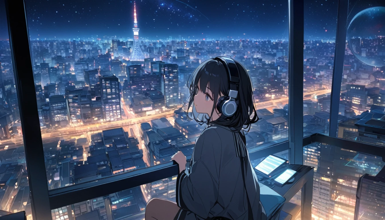 A black-haired woman looking out over the city of Tokyo,Night starry sky,Streetscape、Listening to music with headphones、Japanese