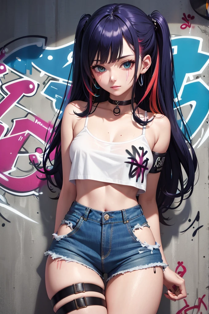 masterpiece, best quality, (extremely detailed CG unity 8k wallpaper, masterpiece, best quality, ultra-detailed, masterpiece, best quality, 1girl, solo, crop top, denim shorts, choker, (graffiti:1.5), paint splatter, arms behind back, against wall, looking at viewer, armband, thigh strap, paint on body, head tilt, bored, multicolored hair, aqua eyes, headset,