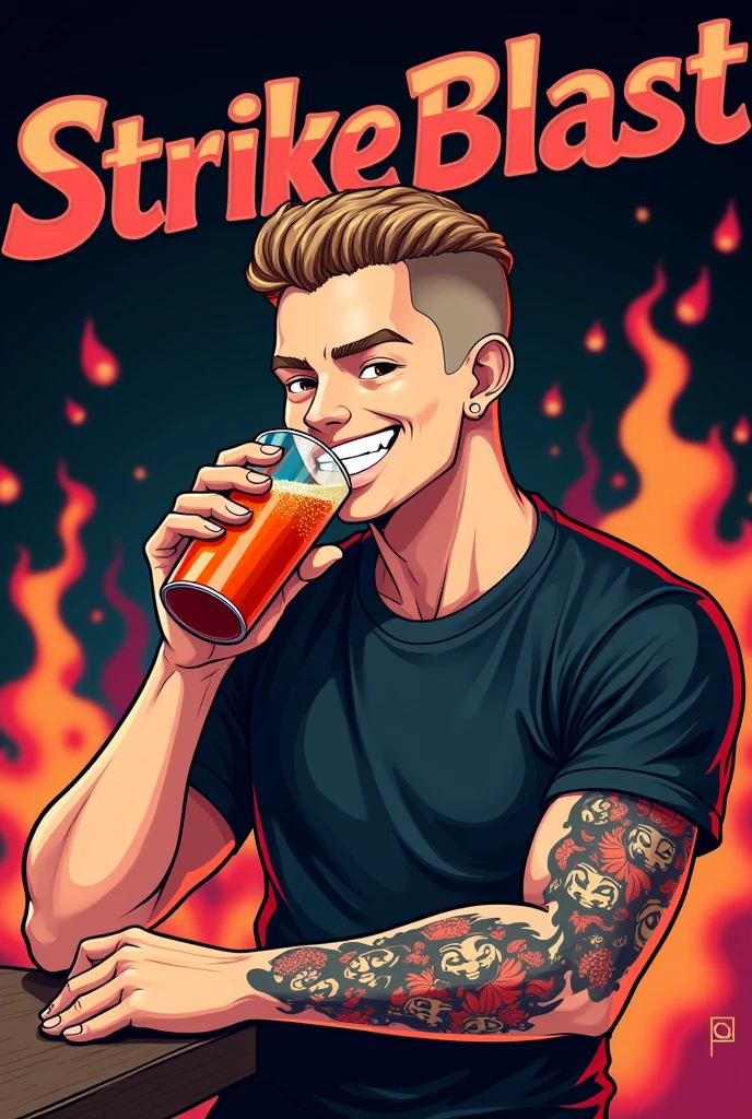 Create an image for stream anal with minimum dimensions of 128x128px and maximum of 3000x3000px that is cartoon style and has the word StrikeBlast written on it., with a dark but striking background but with a cartoonish white man (Without beard) and fun, with black shirt, Light brown hair, slightly curly and shaved on the sides, with only a tattoo of a Tengu mask on his forearm, while having a soft drink